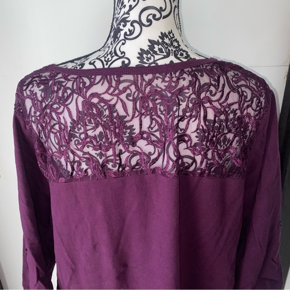 Roaman's Size 2X 26/28 Dark Purple Three Quarter Sleeve Shirt with Lace - Picture 10 of 13